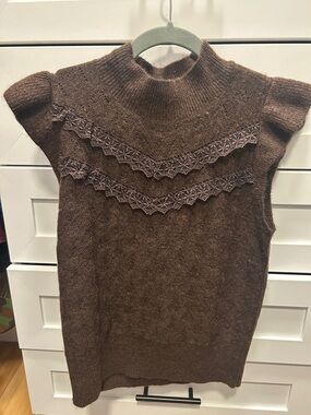 LOFT Brown Sleeveless Mock Turtleneck Sweater with Lace Yoke